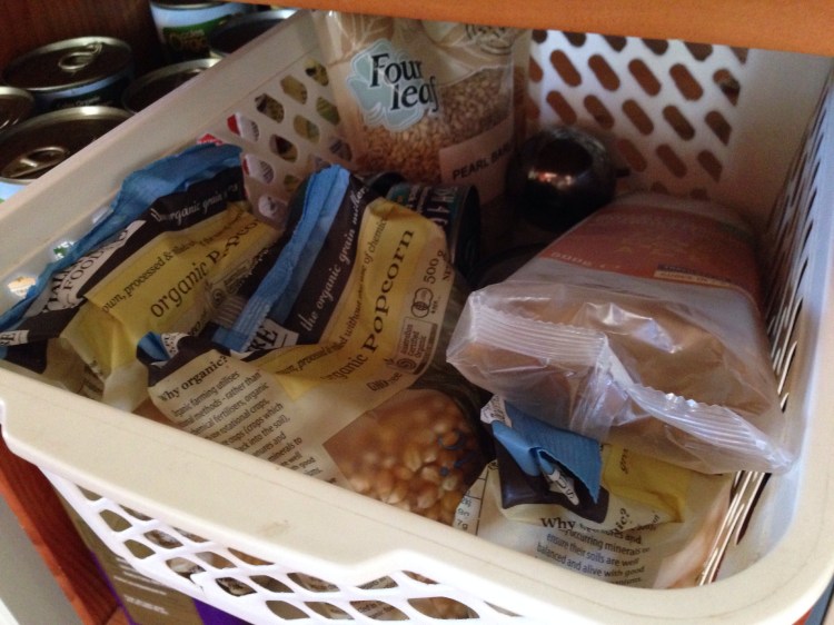 Stockpiled popcorn and pasta.