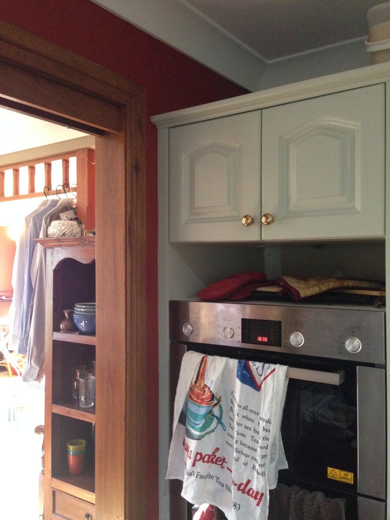 Red painted wall with green painted cabinets