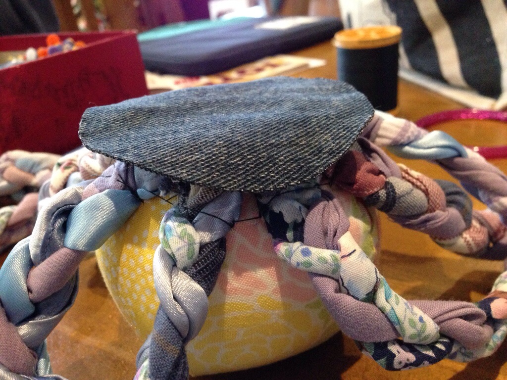 Denim circle laid over the legs