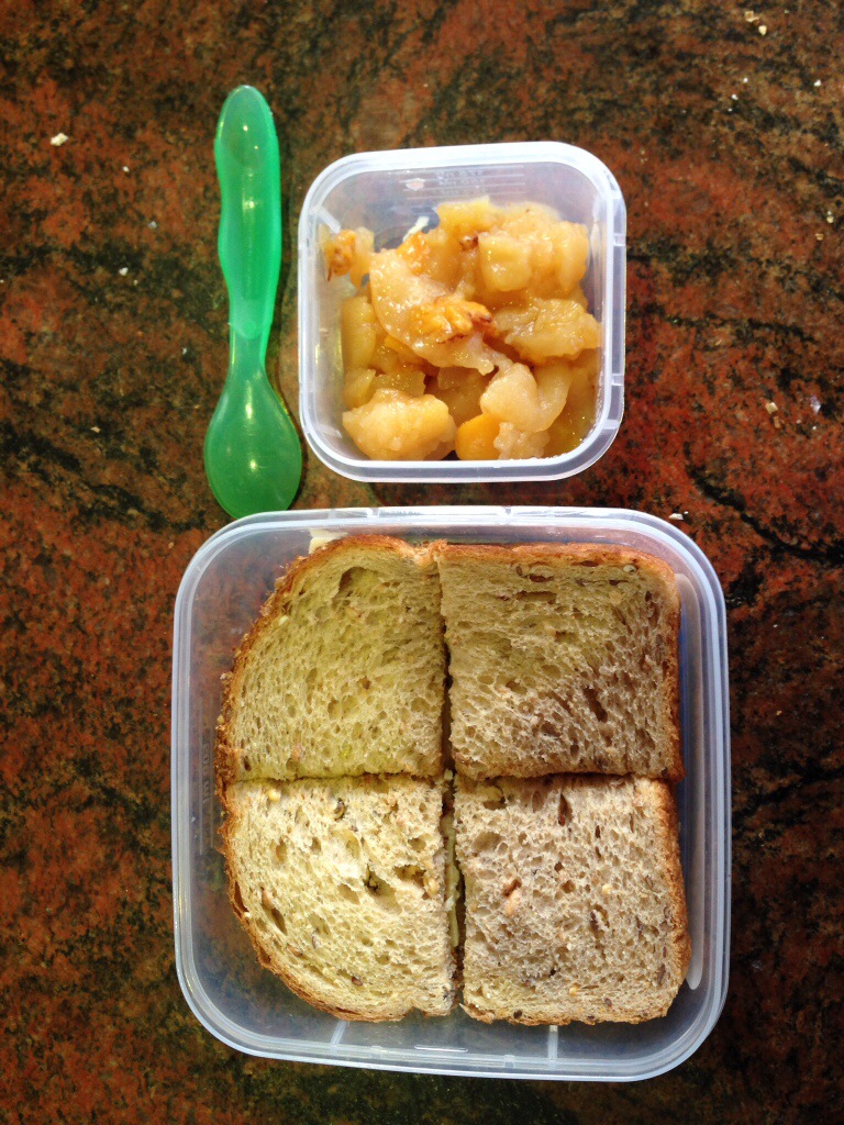 Vegemite sandwich and stewed fruit