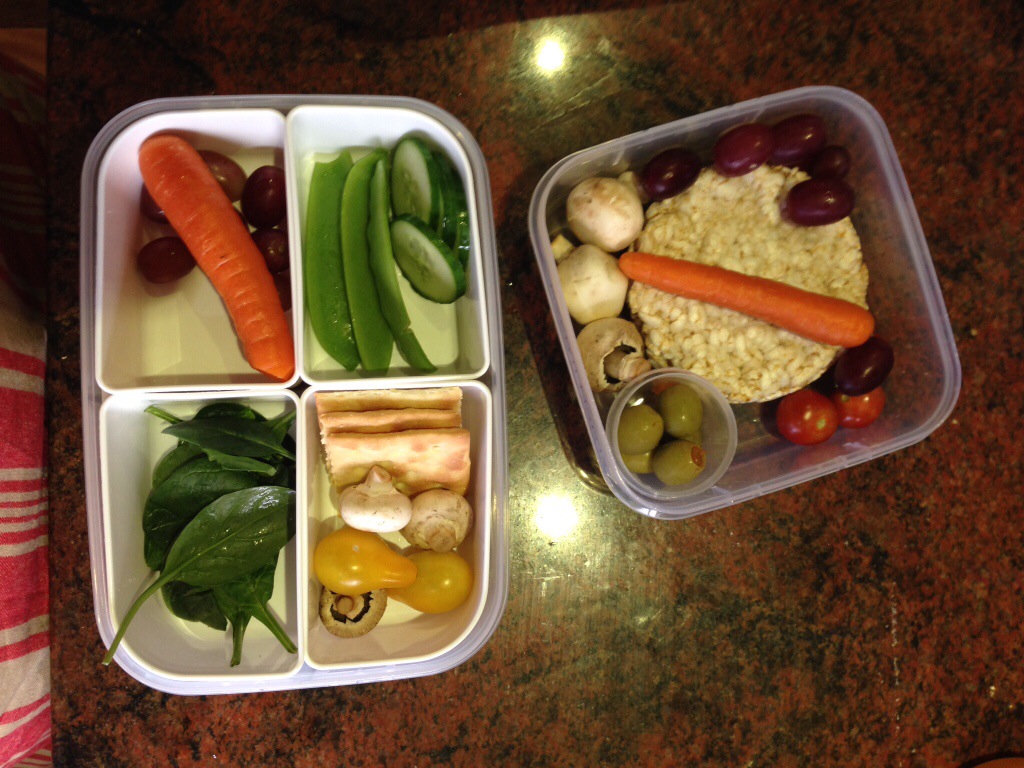 Assortment of vegetables, rice cakes and Salada biscuits