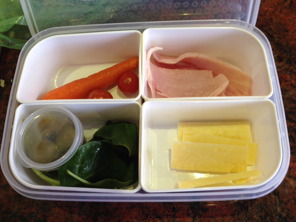 Ham, cheese, carrot, olives, tomatoes and baby spinach