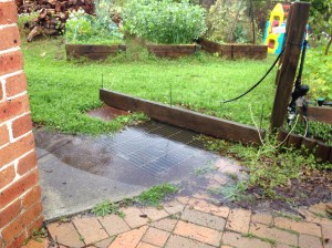 Flooded grate at the bottom of our driveway drain