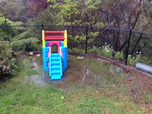 Flooded lawn and play equipment