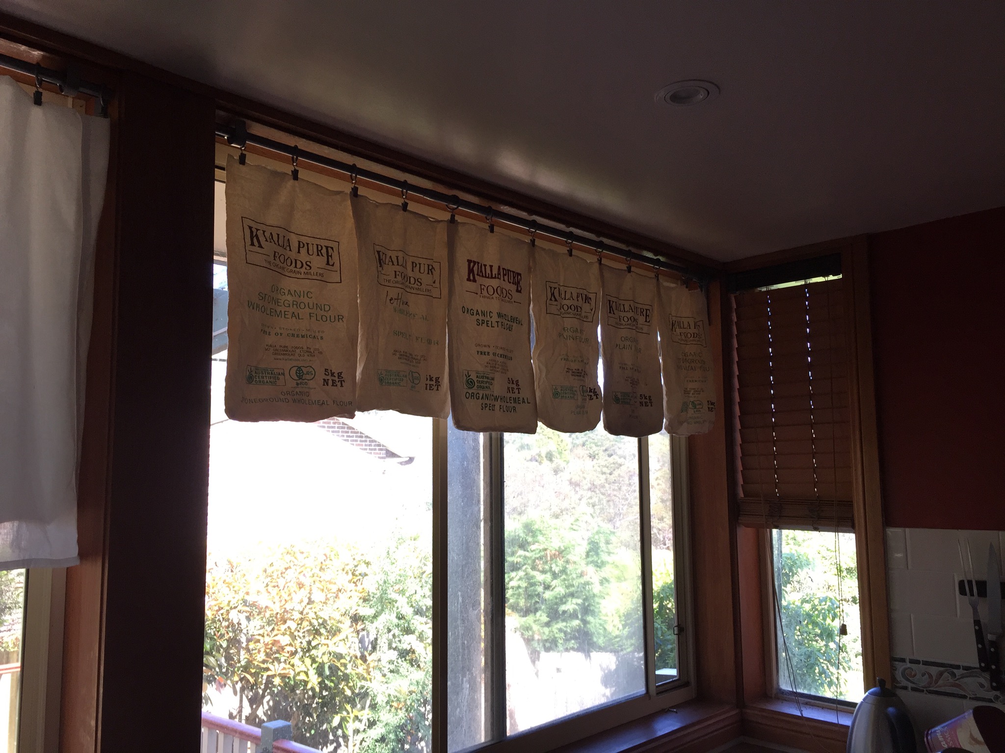 Flour sacks, pegged up like a clothesline