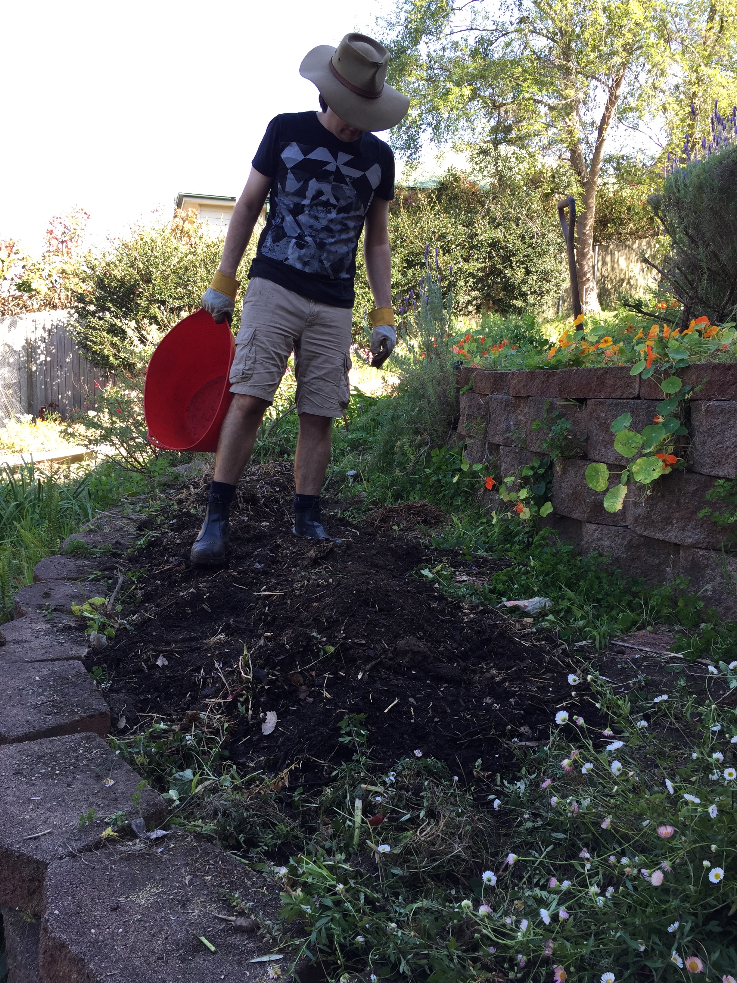 Adding compost to the garden bed