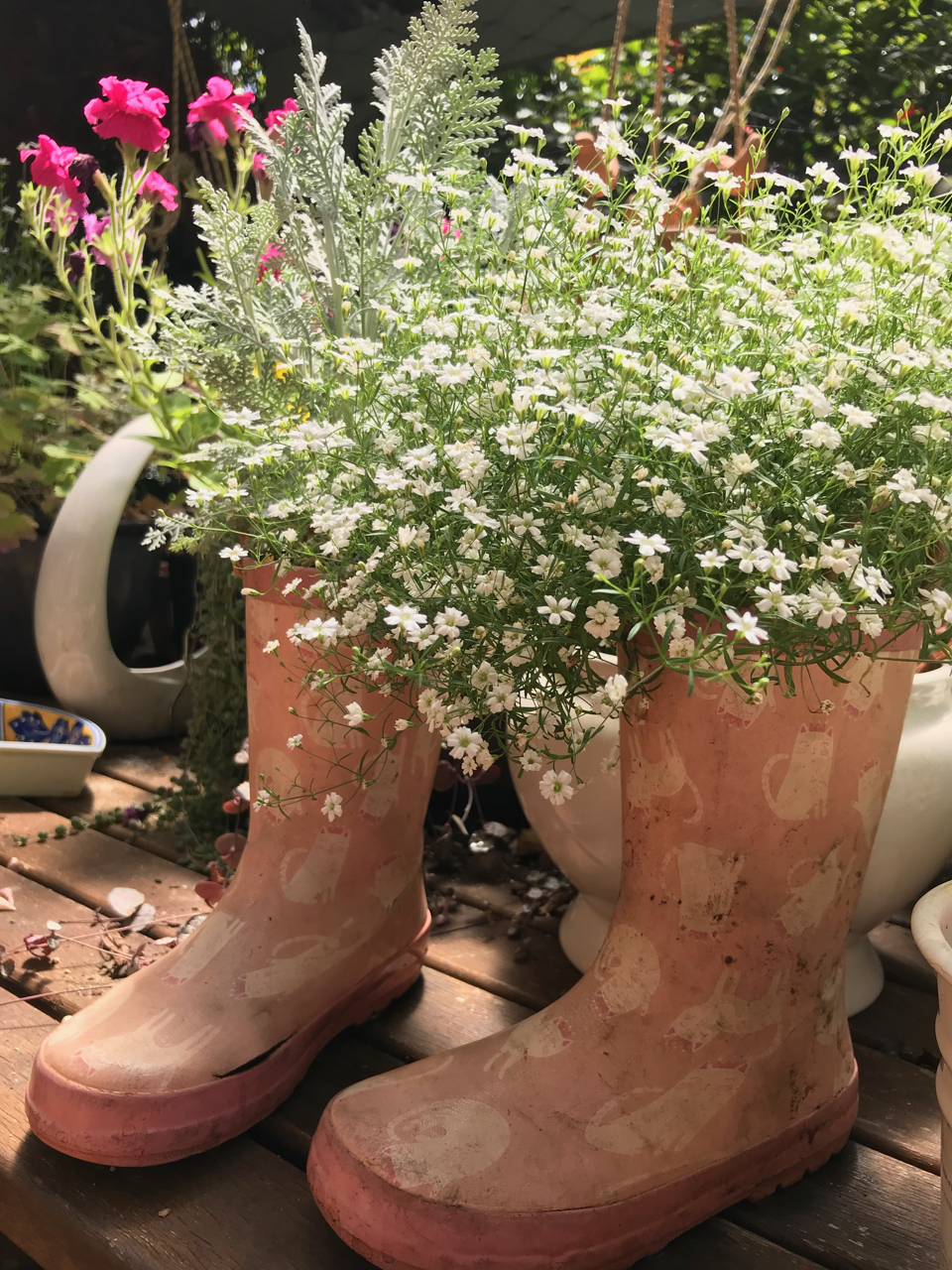 White flowers planted in old gumboots